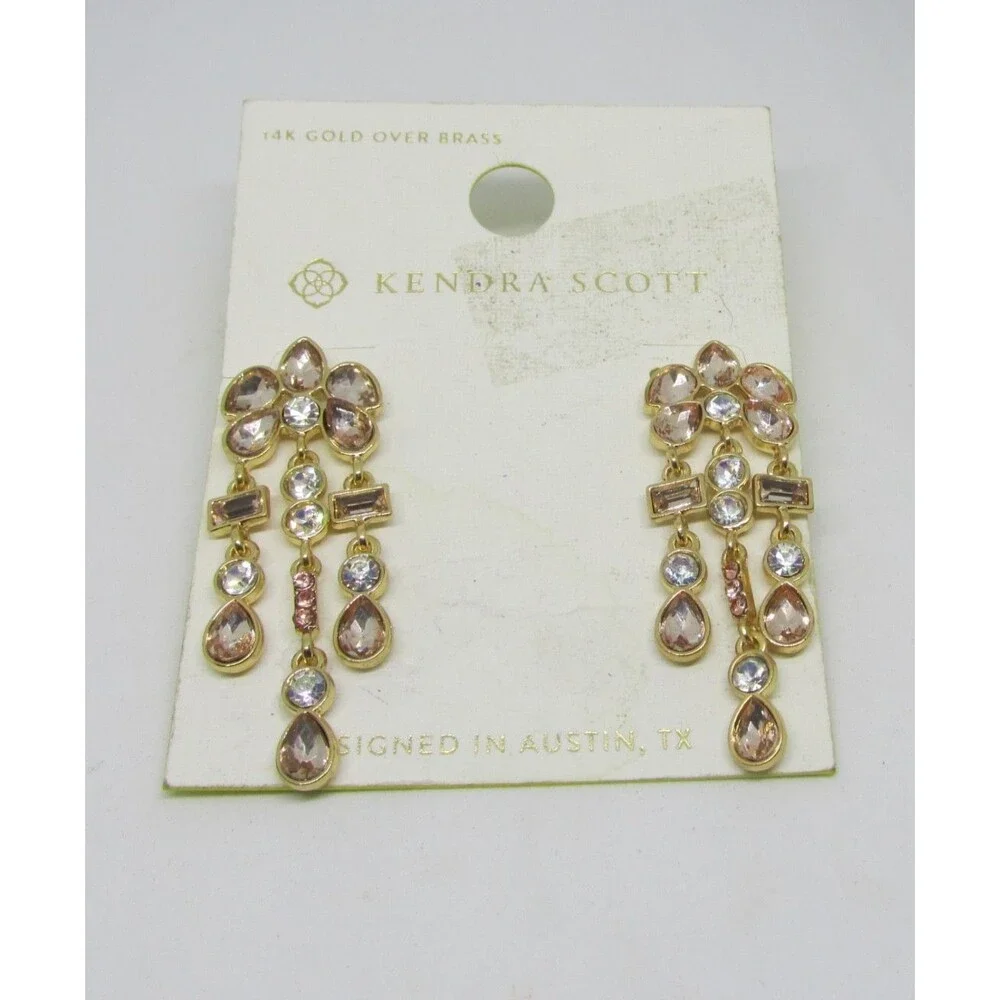 Kendra Scott Katarina Chandelier Earrings Gold Pastel Pink Crystal Statement